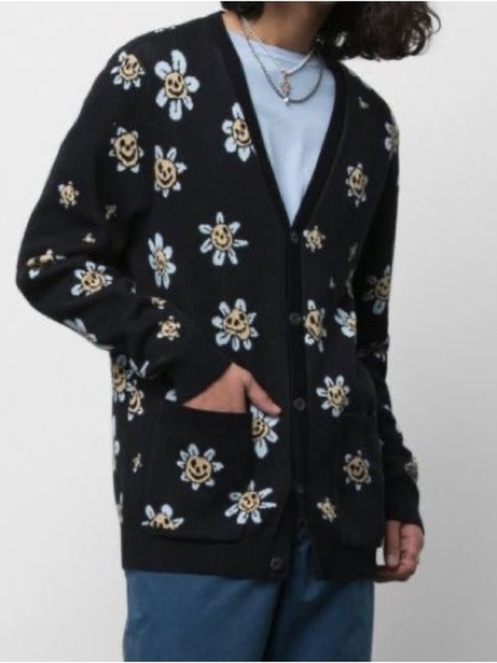 Vans Cardigan Hilltop Sweater Trippy Grin Flower Black Size L